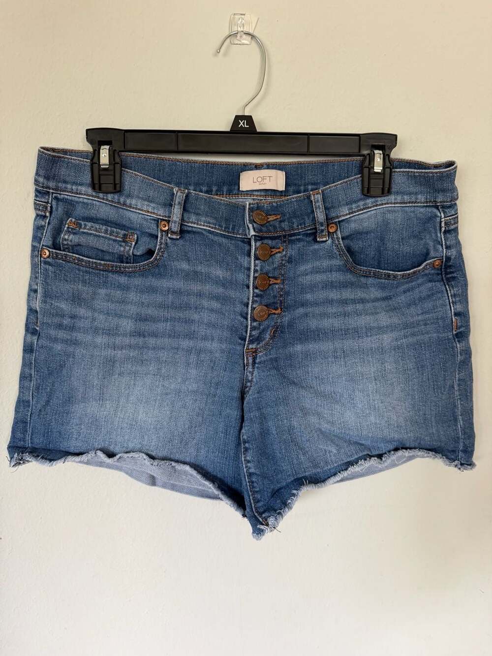 LOFT Outlet High-Rise Button-Fly Frayed Hem Denim Shorts